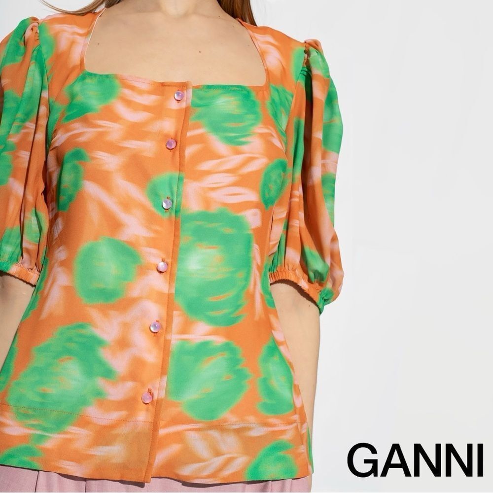GANNI **NWT** Button-Up Puff Sleeve Crepe Blouse Vibrant Orange / Green Floral - Picture 8 of 16